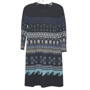 J McLaughlin Shift Dress‎ Navy Blue Geometric Pattern Long Sleeve Travel Knit XS